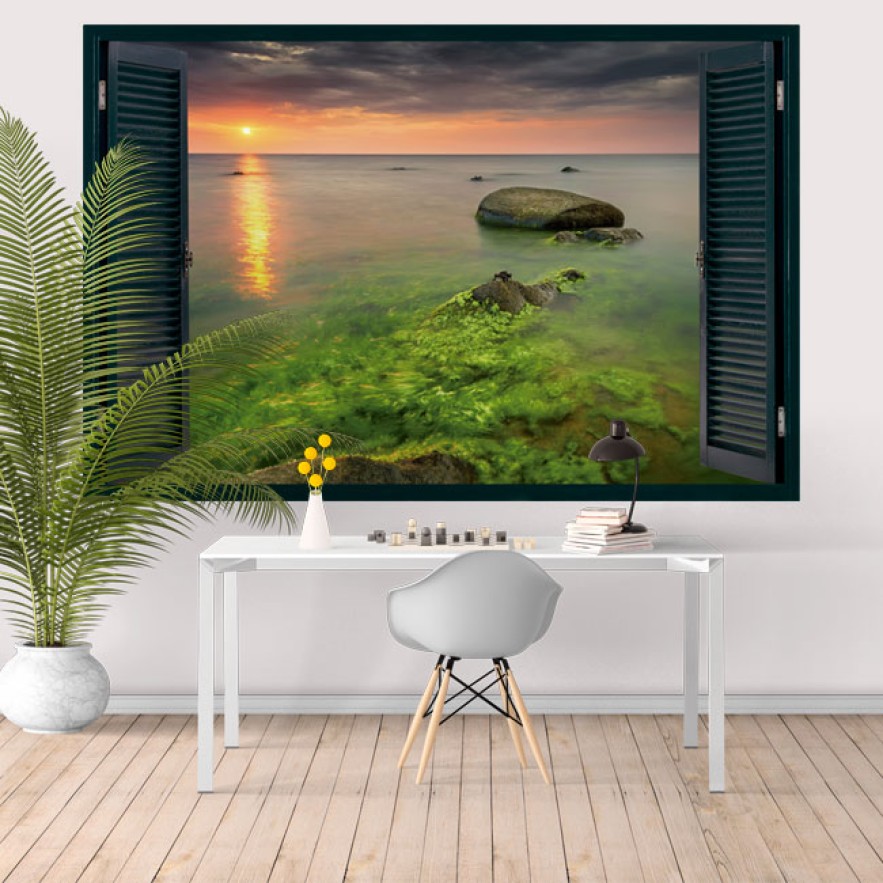 Ventana 3d del atardecer california rocky beach